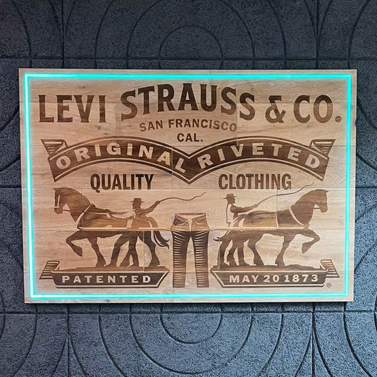 Levi Straus Sign Laser Engraved On Oak Floor Boards Now Hanging in the UK Head Office